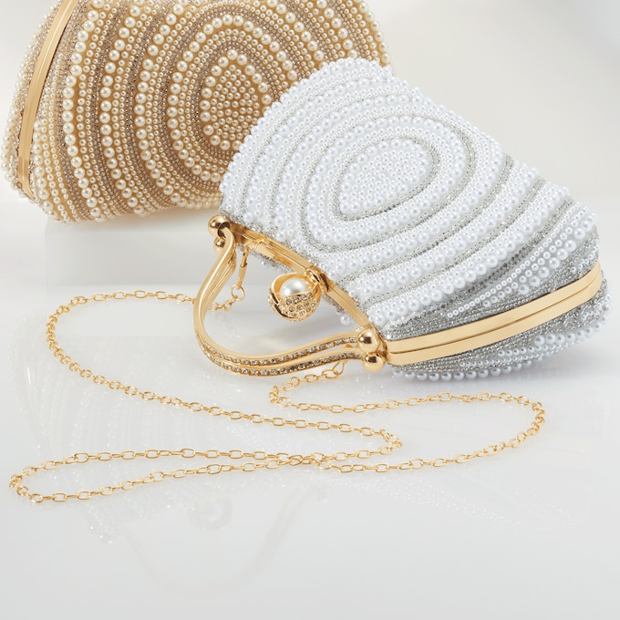 Faux Pearl Embellished Clutch with Catch Closure, White, large