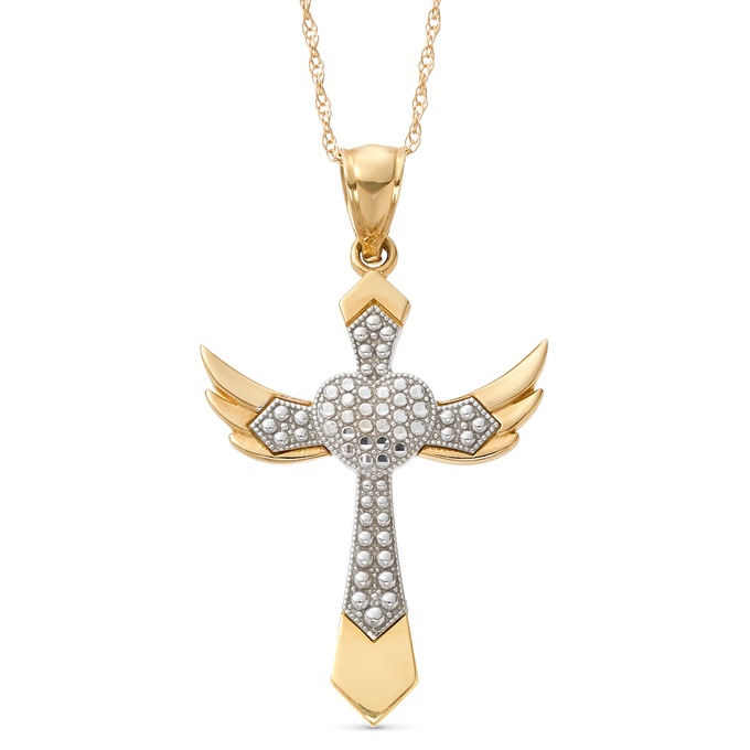 10K Two-Tone Cross/Heart/Wings Pendant, , large