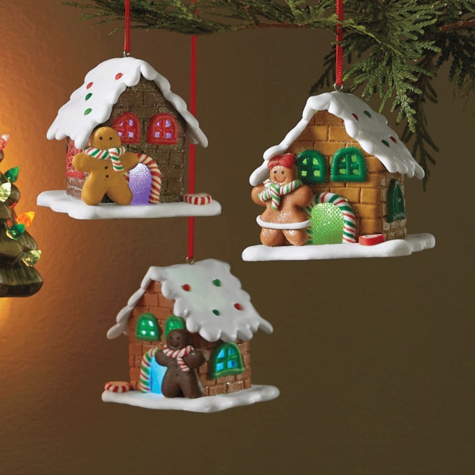 Set of 3 Lit Gingerbread House Ornaments, , large