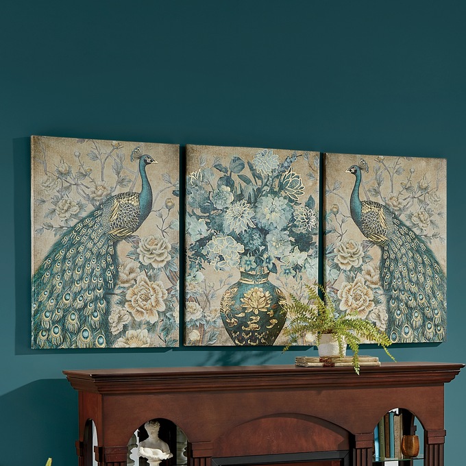 3-Piece Peacock and Vase Canvas Set, , large