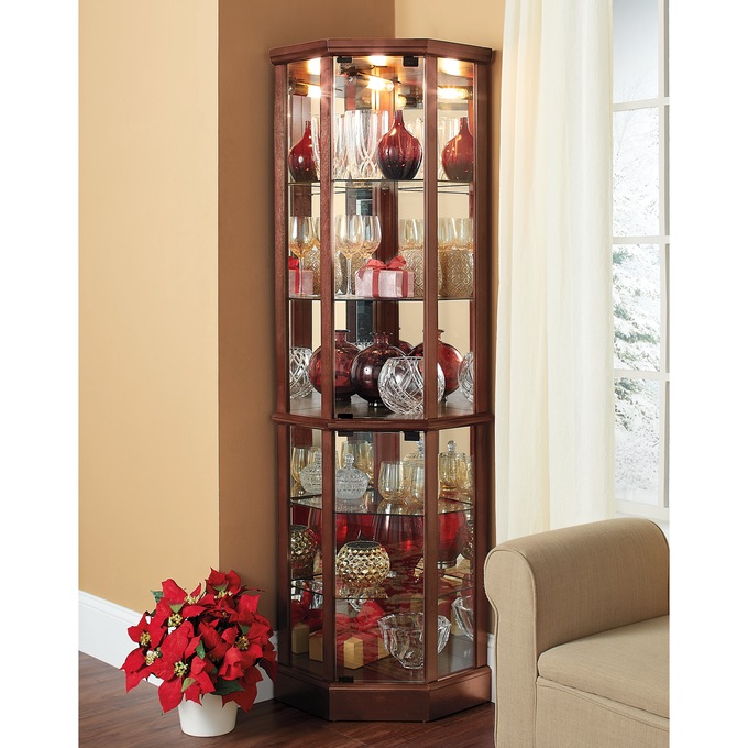 Tessa Lighted Corner Curio Cabinet, , large