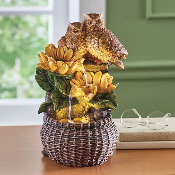 Lit Owl Sunflower Fountain, , large