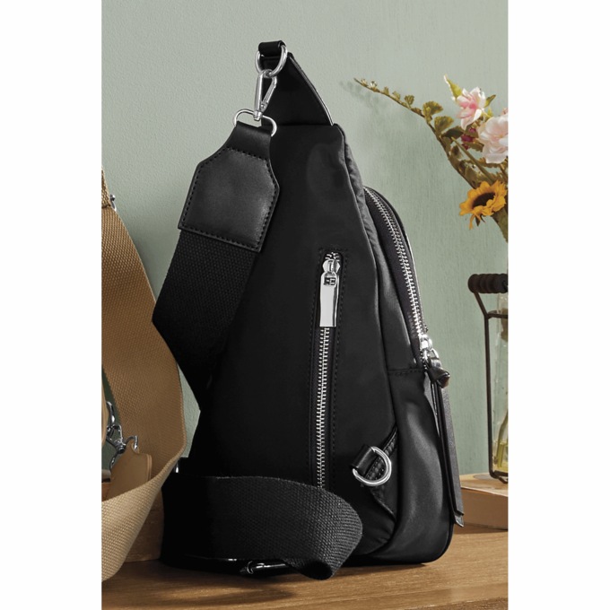 Canvas Slingbag with Zip Closures and Durable Nylon, Black, large