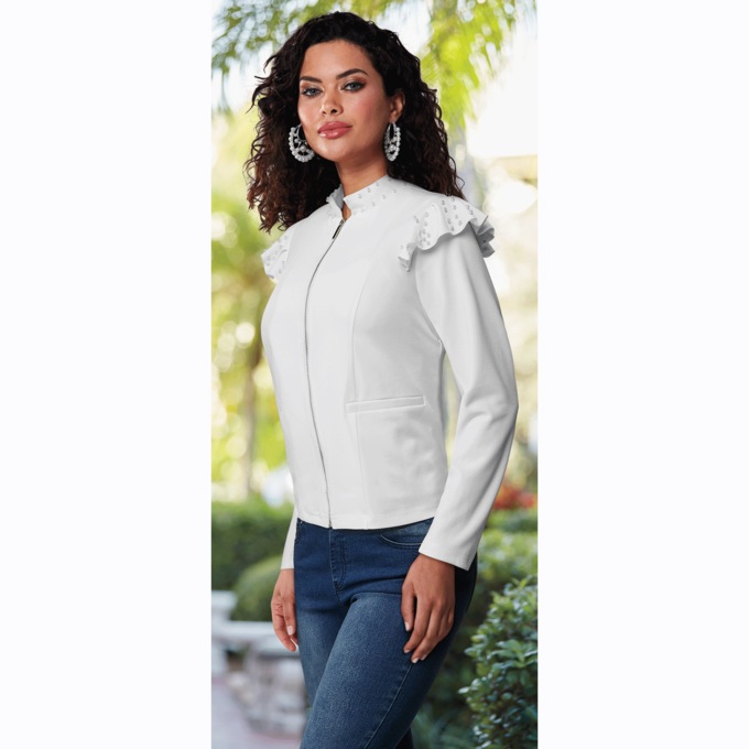 Cydnee Stretch-Crepe Jacket with Shoulder Ruffle and Faux-Pearl Studs, White, large