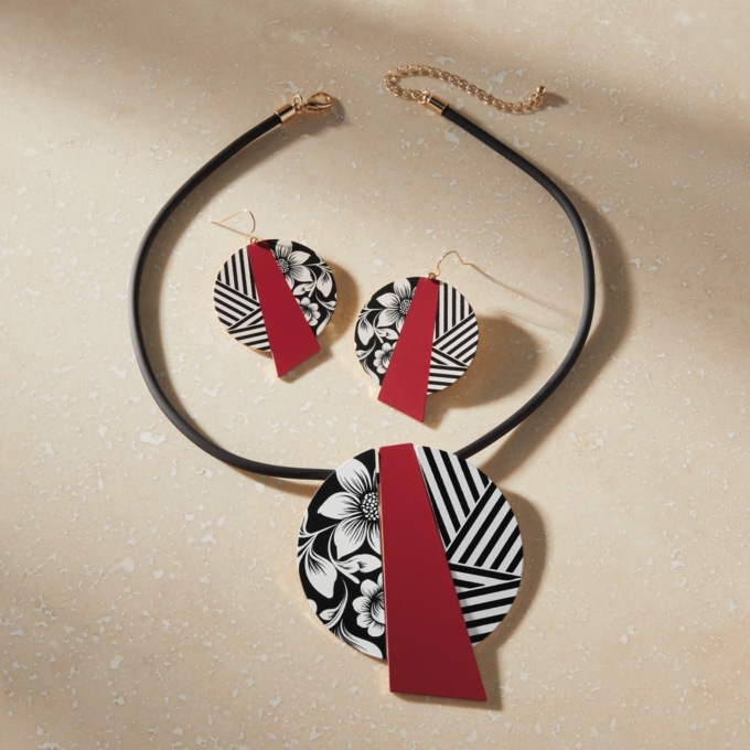 Graphic/Floral Necklace & Earrings Set, , large