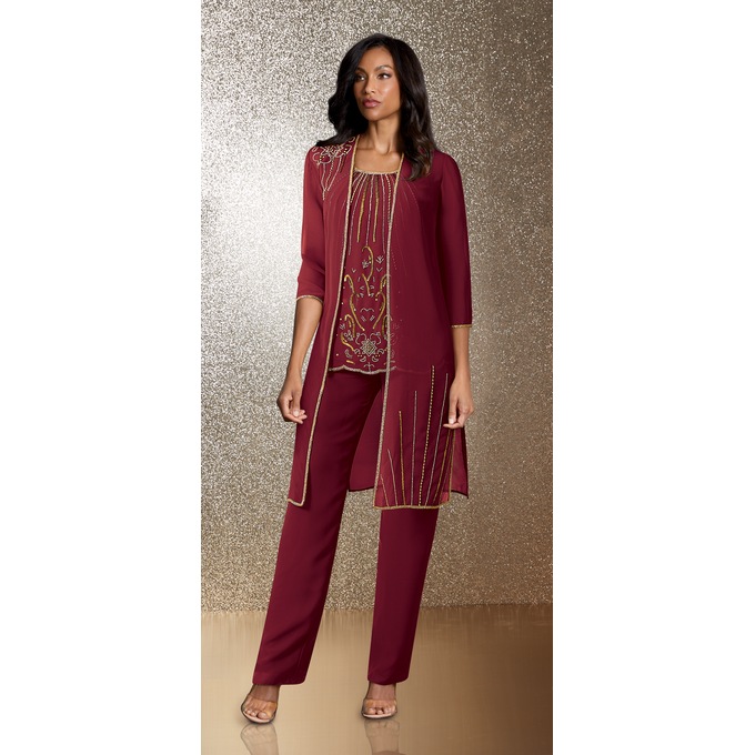 Annette 3-Piece Beaded Pant Set, Wine, large
