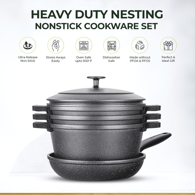 Granitestone 6-Piece Cast Aluminum Stackable Cookware Set, , large