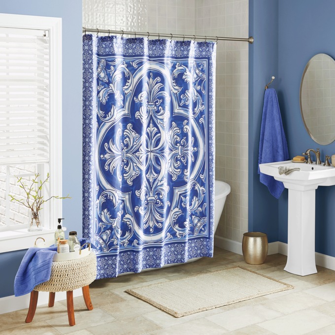 Baroque Shower Curtain, Blue, large