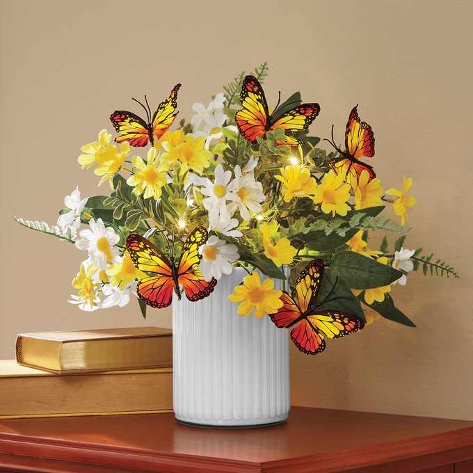 Lit Butterfly And Daisy Faux Floral Arrangement, , large