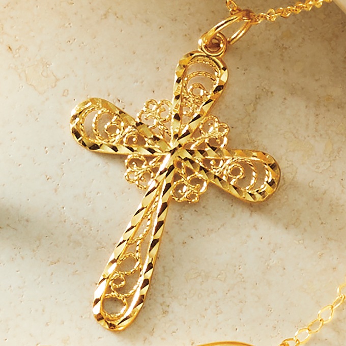 10K Gold Filigree Cross Pendant, , large