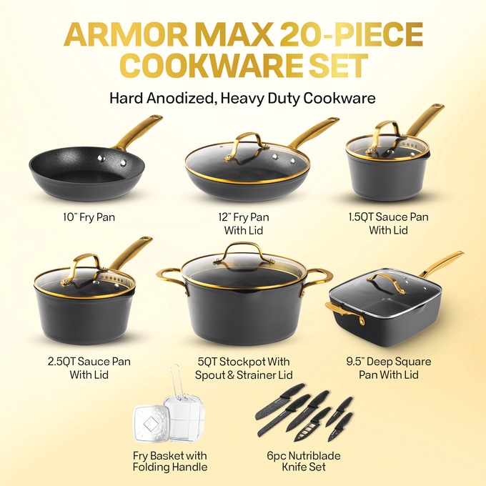 Granitestone 20-Piece Armor Max Hard-Anodized Nonstick Cookware Set, , large