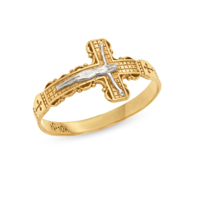 10K Gold Two-Tone Crucifix Ring, , large