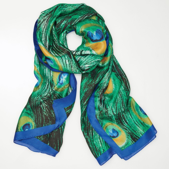 Silky Peacock-Feather-Print Scarf, Emerald Green Multi, large