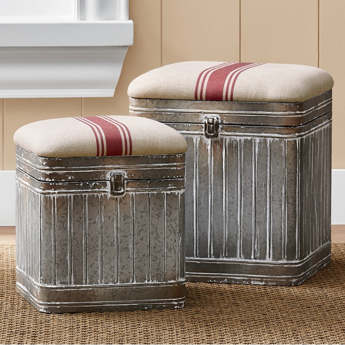 Set of 2 Ticking Stripe Ottomans, , large