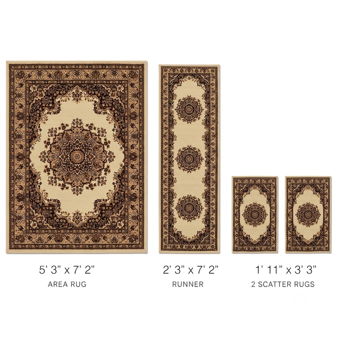 4-Piece Plush Floral Kirman Rug Set with Runner and Mats, Ivory, large