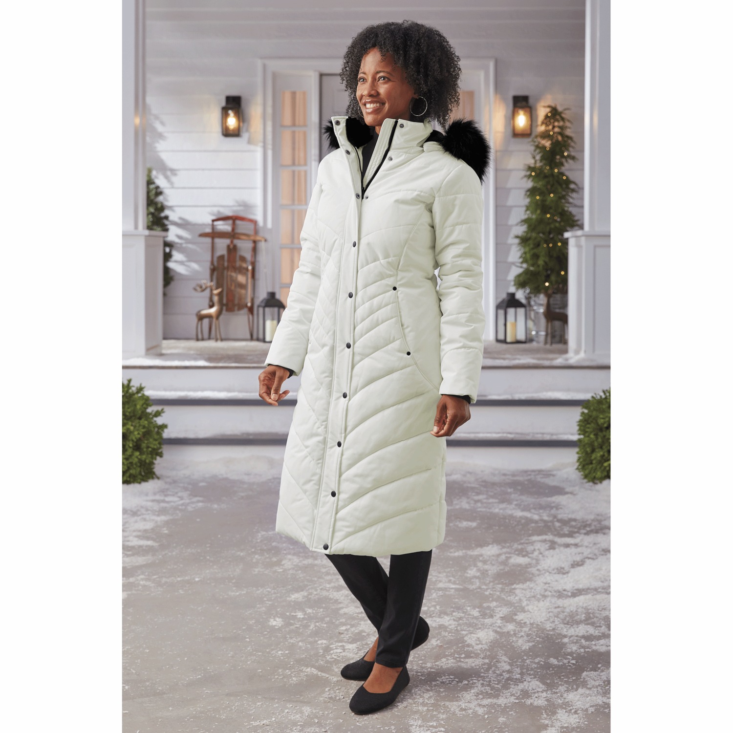 Snowfall Quilted Puffer Duffle Coat with Removable Faux-Fur and