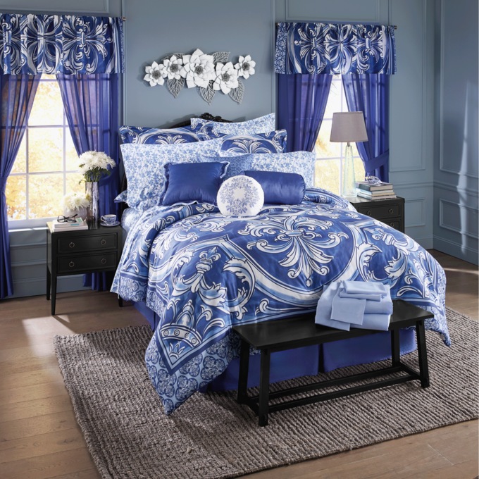 Baroque 30-Piece Medallion Comforter Set with Window Treatments, Blue, large