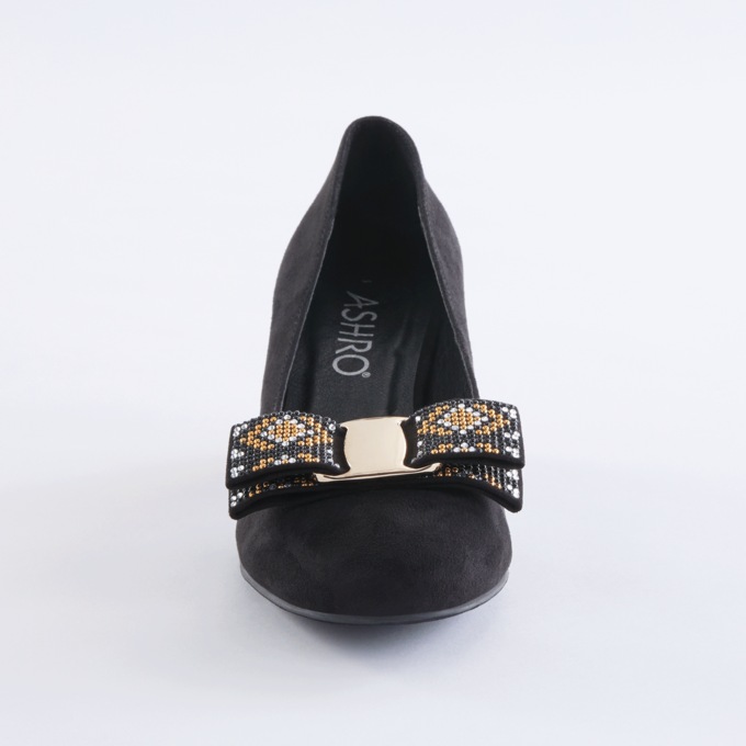 Mosaic Heel Women's Pump with Rhinestone & Stud Bow and Round 2" Heel, , large