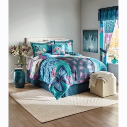 4-Piece Patchwork Peacock Comforter Set, Accent Pillow, Panel Pair and Valance, , large