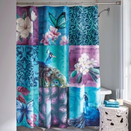 Printed Patchwork Peacock Shower Curtain, , large
