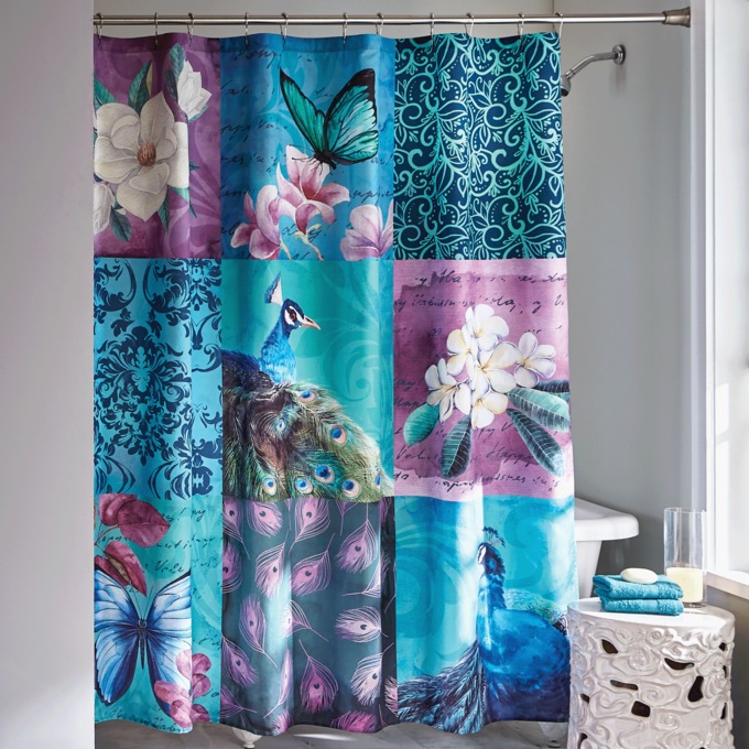 Printed Patchwork Peacock Shower Curtain, , large