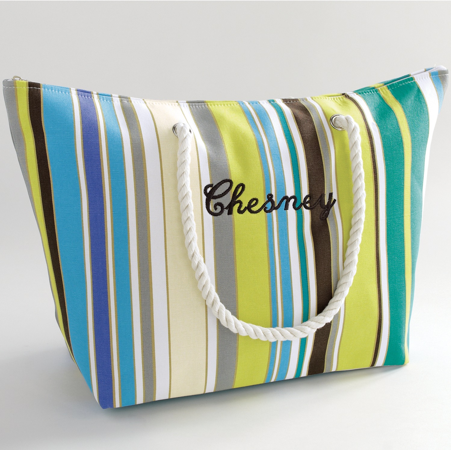 Personalized Striped Tote, Green Stripe, large