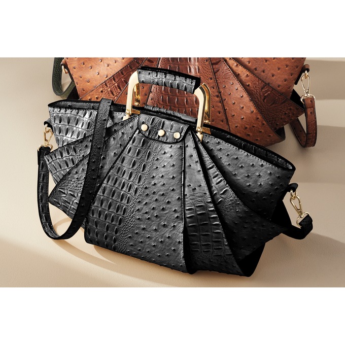 Croco-Fan Embossed Faux Leather Handbag &ndash; Fanned Design with Zip Closure, Inside Pockets & Removable Strap, Black, large