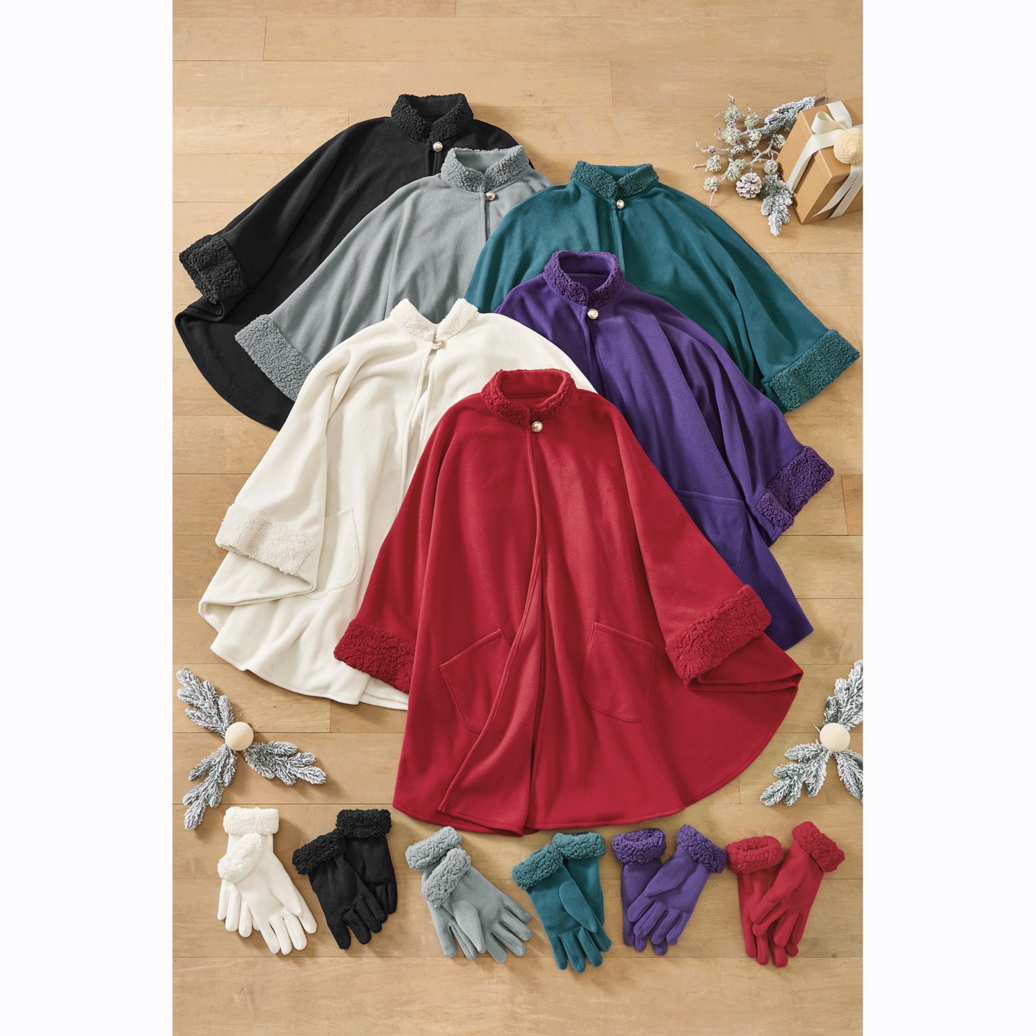 Sherpa-Trimmed Matching Fleece Cape with Gloves | Seventh Avenue