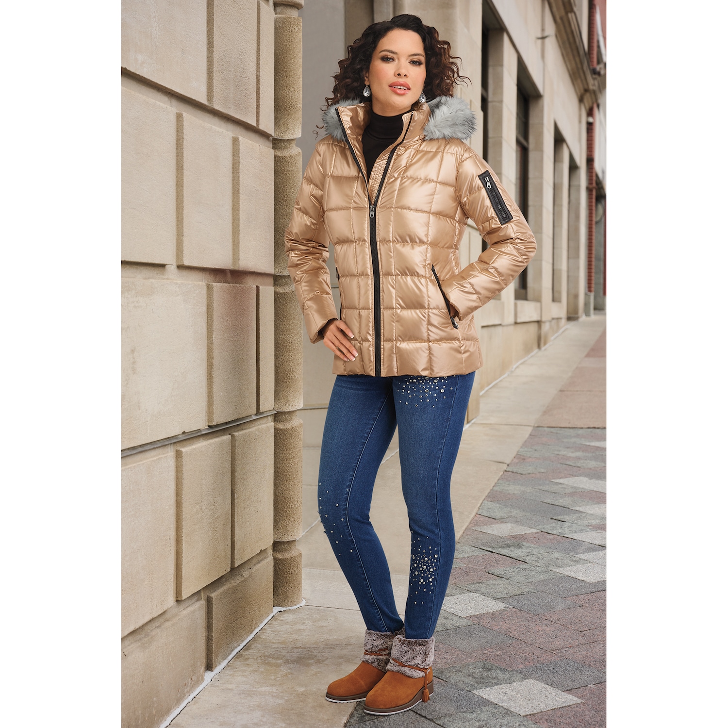 Mia Shiny Puffer Jacket with Faux-Fur Hood | Seventh Avenue