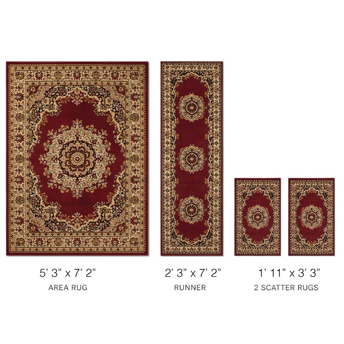 4-Piece Plush Floral Kirman Rug Set with Runner and Mats, Burgundy, large