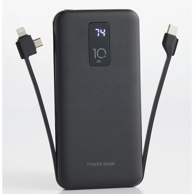 10,000mAh Portable Power Bank with Built-In USB-C, Micro USB and Lightning Cables, Black, large