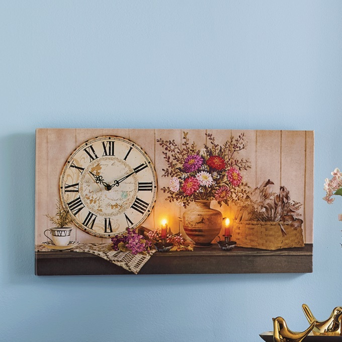 Lit Floral Wall Art with Clock, , large