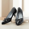 Midnight Velvet Women's Cutout Kitten Heel with Bow in Shiny Faux Patent Leather, , large
