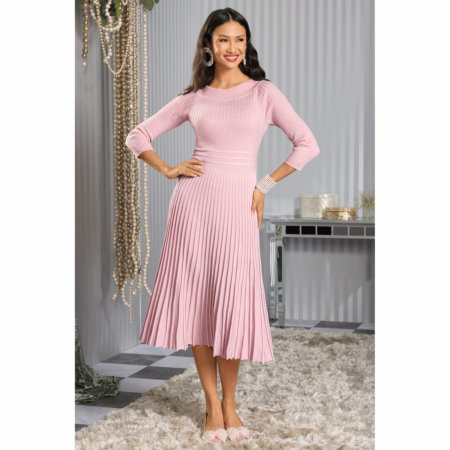 Shimmer Rib Women's Sweater Dress with Pleated Flared Skirt | Seventh Avenue