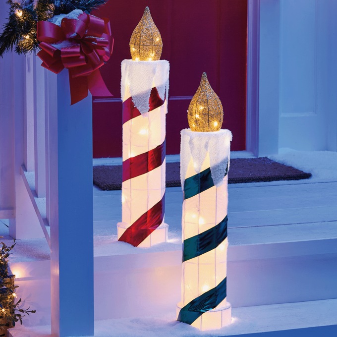 Set of 2 Lit Taper Christmas Candle Lawn Décor, , large