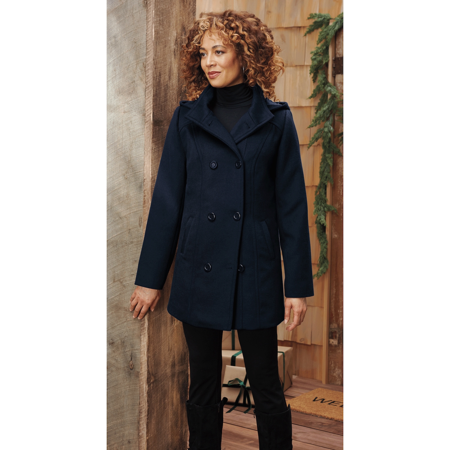 Women's Classic Mock Double-Breasted Peacoat with Removable Hood
