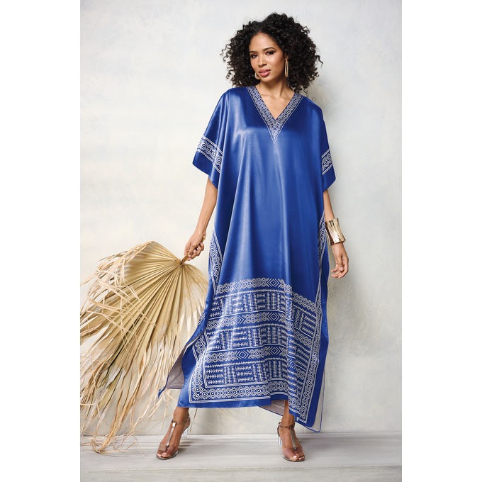 Chi Women's Long Caftan with Regal Border Print, Royal Blue, large