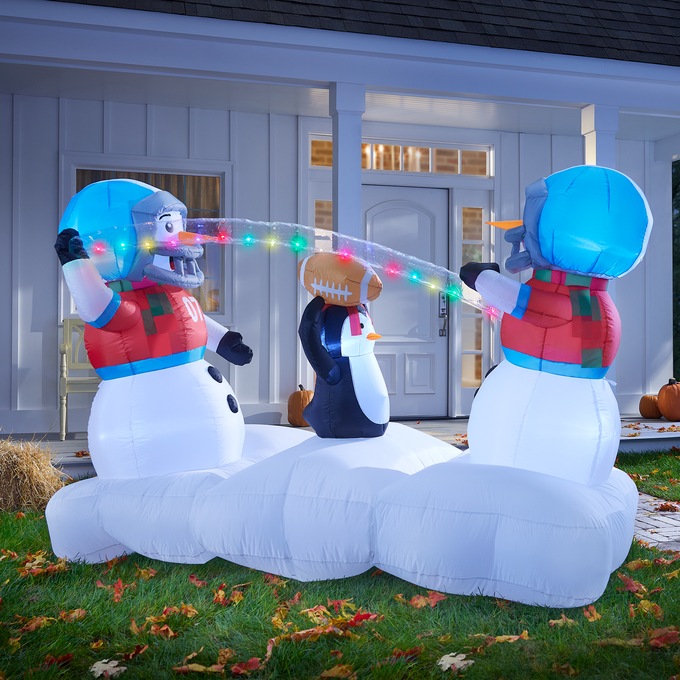 Lit Snowmen Playing Football Inflatable, , large