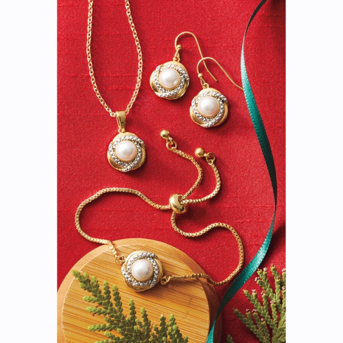 Faux-Pearl/Diamond Pendant, Bracelet & Earring Set, , large