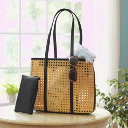Woven Rattan Calypso Beach Tote with Faux Leather Pouch, , large