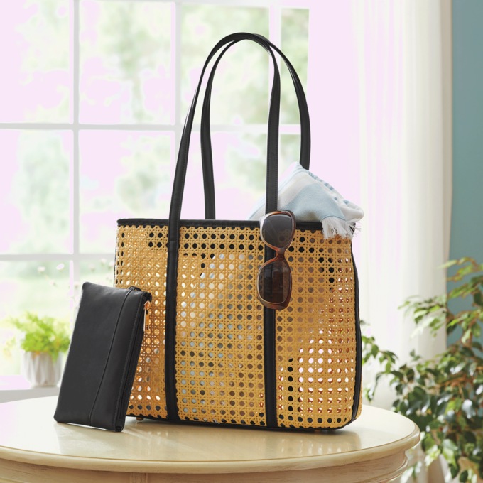 Woven Rattan Calypso Beach Tote with Faux Leather Pouch, Black, large