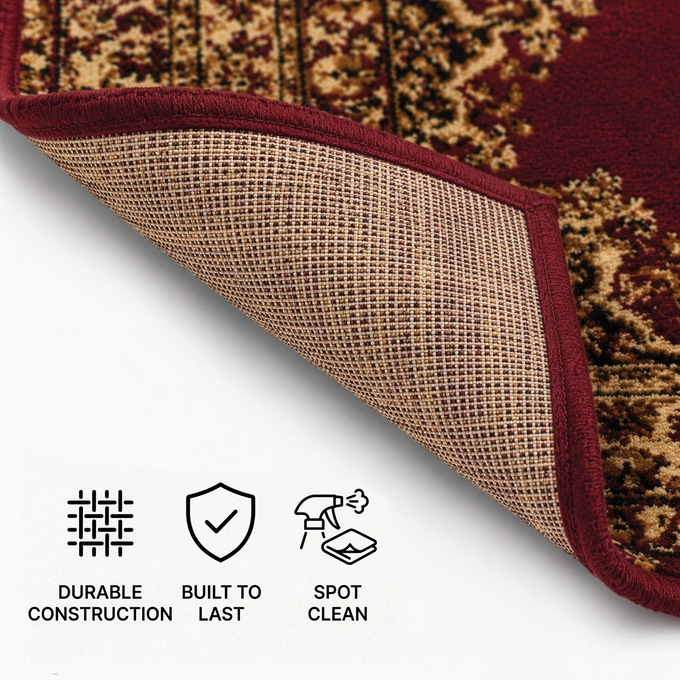 4-Piece Plush Floral Kirman Rug Set with Runner and Mats, Burgundy, large