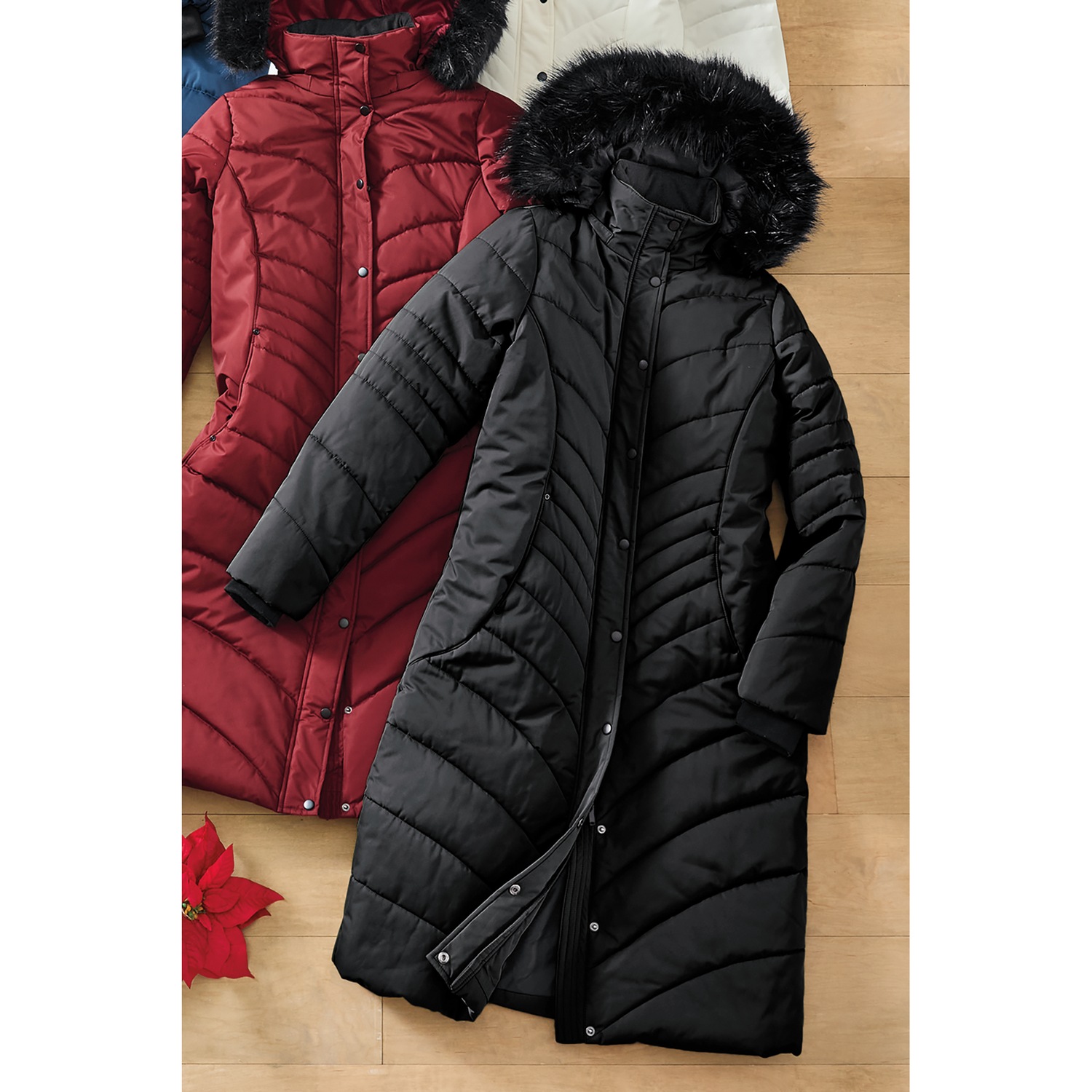 Snowfall Quilted Puffer Duffle Coat with Removable Faux-Fur and