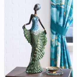 Statement Peacock Dress Lady Figurine, , large