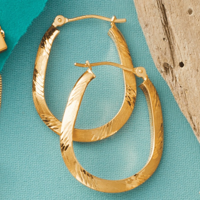 10K Gold Oval Diamond-Cut Hoops, , large