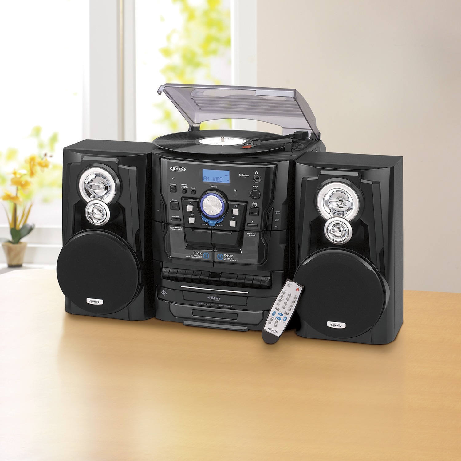Jensen Music System with 3Speed Turntable, Bluetooth, CD and Cassette