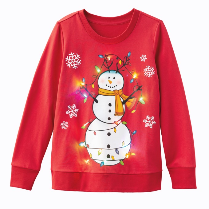 Holiday Snowman Light-up Sweatshirt with Real Bulbs, , large