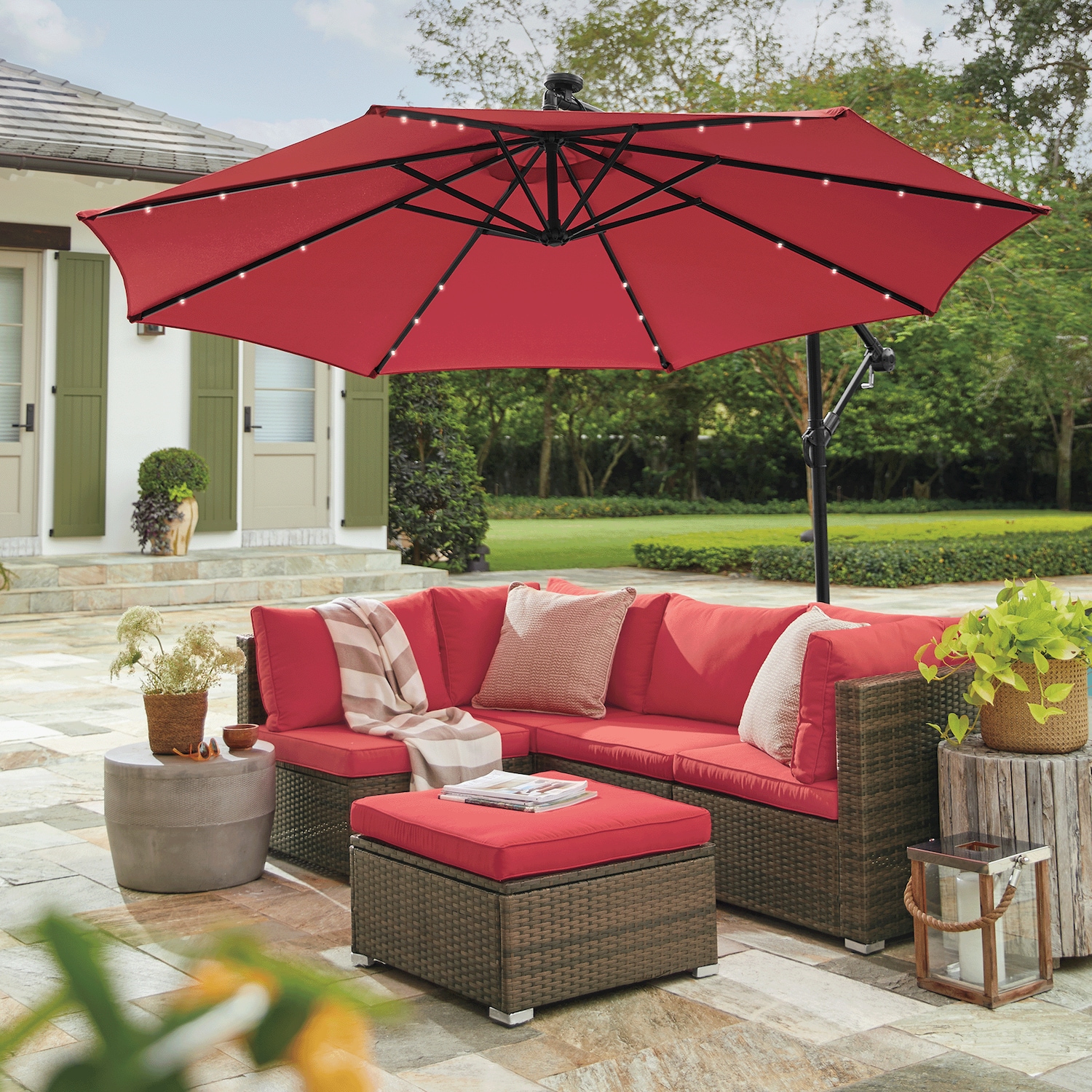 lit patio umbrella Best Choice Products 10ft Solar LED Offset Hanging Outdoor Market w/ Adjustable Tilt the lights turn on to create a cozy 10' Solar Lit Offset Umbrella,