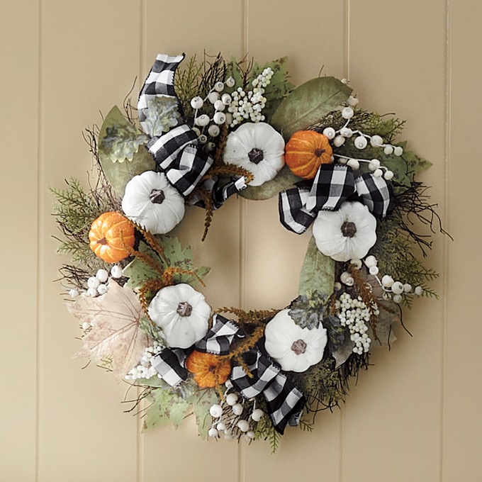 White Velvet Pumpkin Wreath with Buffalo Plaid Bow, , large