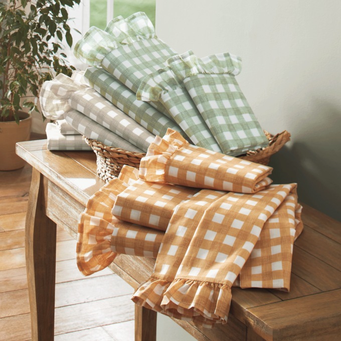 Ruffle Gingham Cotton Sheet Set, Clay, large